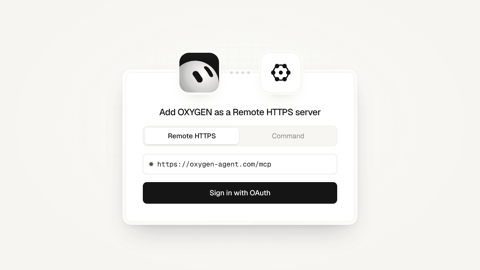 A connect card with the Grok Bot mark linked to the OXYGEN mark: Remote HTTPS, https://heyoxygenhq.com/mcp, and Sign in with OAuth.